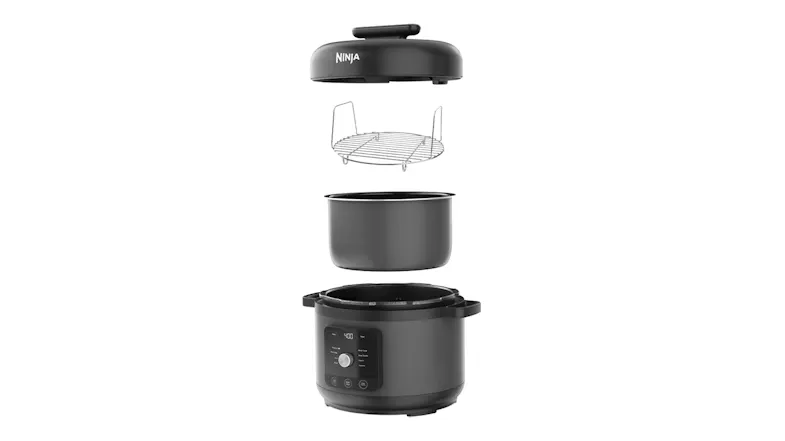 View showing the cooker lid, metal steam rack, removable inner pot, and main cooker base View showing the cooker lid, metal steam rack, removable inner pot, and main cooker base