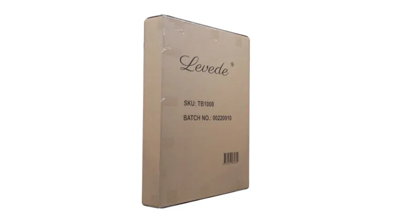 Cardboard product packaging box labelled Levede with SKU and batch number Cardboard product packaging box labelled Levede with SKU and batch number