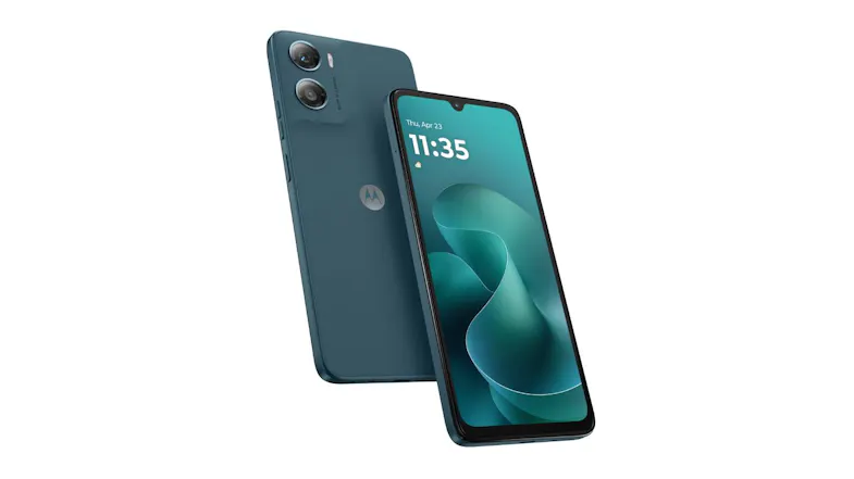 Angled image showing both the front display and rear panel of the Motorola Moto G06 Angled image showing both the front display and rear panel of the Motorola Moto G06
