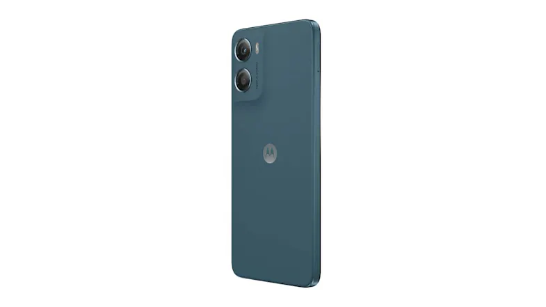Angled rear‑right view of the Moto G06 showing the raised dual camera housing and textured back panel Angled rear‑right view of the Moto G06 showing the raised dual camera housing and textured back panel