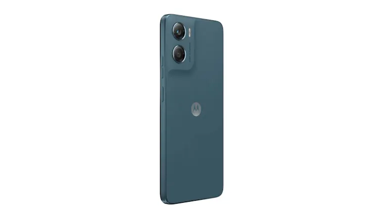Angled rear‑left view highlighting the textured back, dual rear cameras and LED flash Angled rear‑left view highlighting the textured back, dual rear cameras and LED flash