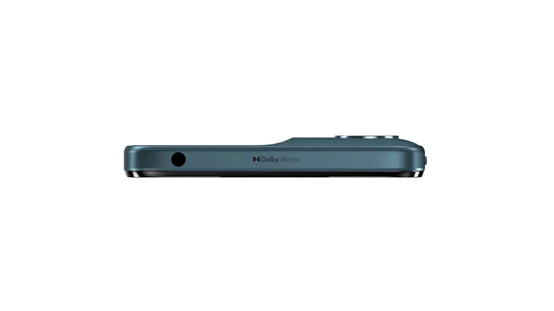 Top view of the smartphone showing the headphone jack branding area with Dolby Atmos marking Top view of the smartphone showing the headphone jack branding area with Dolby Atmos marking