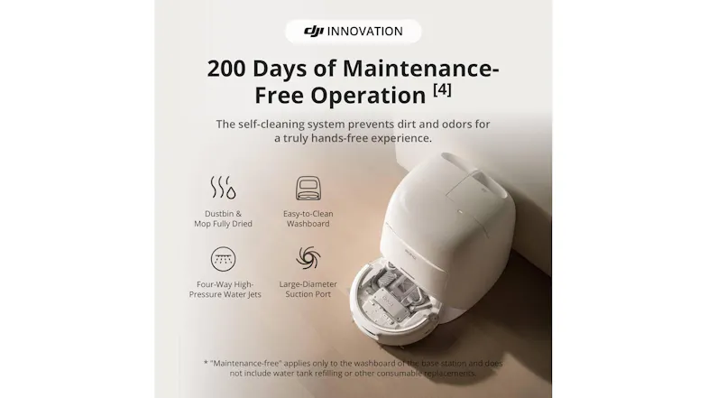 Docking station with robot partially inside, shown with text “200 Days of Maintenance-Free Operation” Docking station with robot partially inside, shown with text “200 Days of Maintenance-Free Operation”