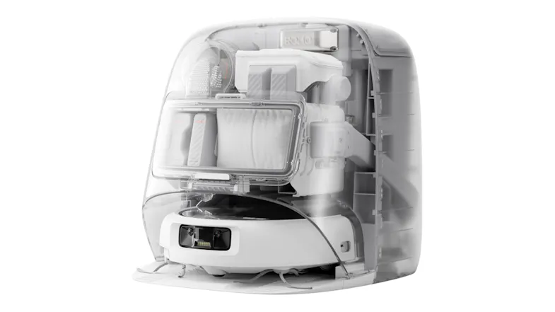 Transparent cutaway view of the multifunction docking station with the robot vacuum inside Transparent cutaway view of the multifunction docking station with the robot vacuum inside
