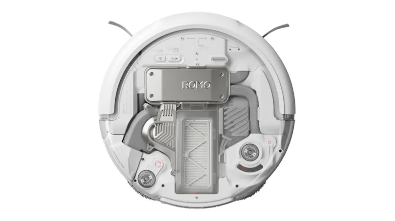 Underside view of the robot vacuum with a transparent overlay, showing wheels, brushes, and sensors Underside view of the robot vacuum with a transparent overlay, showing wheels, brushes, and sensors