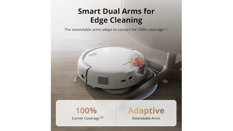 Robot vacuum cleaning along furniture edges using extendable arms, labelled “Smart Dual Arms for Edge Cleaning” Robot vacuum cleaning along furniture edges using extendable arms, labelled “Smart Dual Arms for Edge Cleaning”