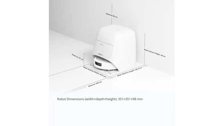 Diagram showing required placement clearances and dimensions for the docking station and robot Diagram showing required placement clearances and dimensions for the docking station and robot