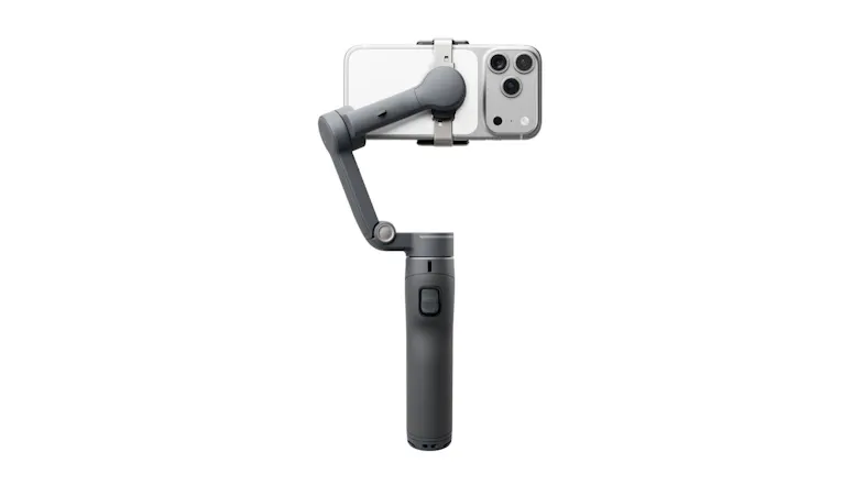 Side view of the DJI Osmo Mobile gimbal stabiliser with smartphone mounted horizontally Side view of the DJI Osmo Mobile gimbal stabiliser with smartphone mounted horizontally
