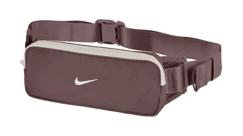 Nike Tempo waistpack in dark brown with reflective swoosh, slim zippered pouch, and adjustable strap for running Nike Tempo waistpack in dark brown with reflective swoosh, slim zippered pouch, and adjustable strap for running