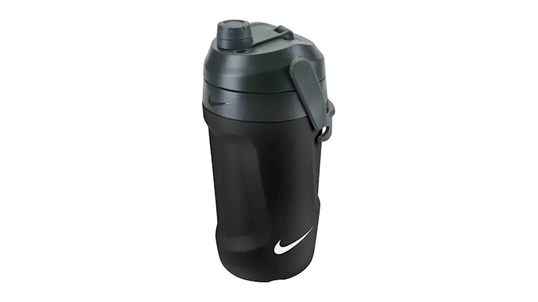 Black Nike sports bottle with textured grip, flip-top spout, and carry handle Black Nike sports bottle with textured grip, flip-top spout, and carry handle