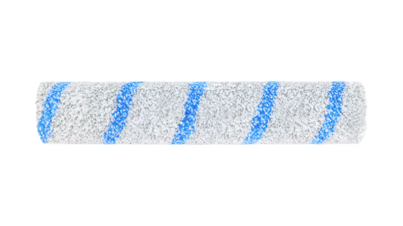 Close-up of a cylindrical roller mop with soft grey microfibre fabric and diagonal blue stripes, shown horizontally Close-up of a cylindrical roller mop with soft grey microfibre fabric and diagonal blue stripes, shown horizontally