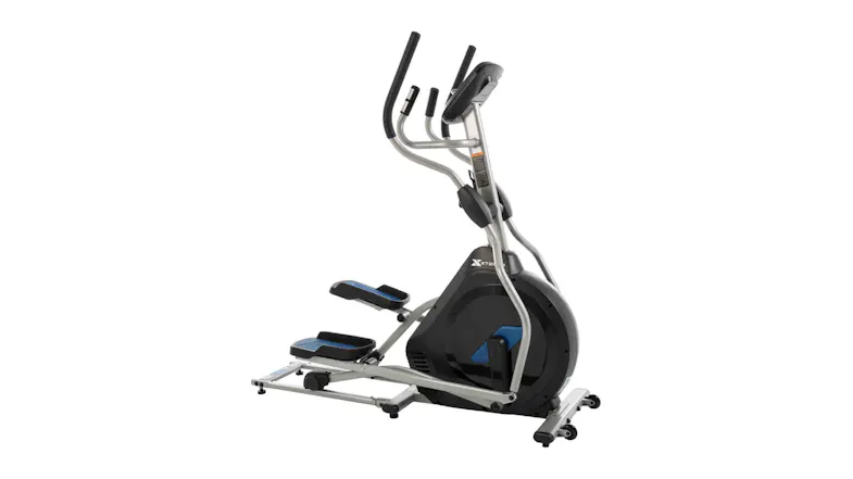 Angled view of an Xterra FS380 Elliptical Cross Trainer featuring a silver frame, black housing, and blue foot pedals Angled view of an Xterra FS380 Elliptical Cross Trainer featuring a silver frame, black housing, and blue foot pedals