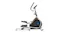 Side view of an elliptical machine with dual handlebars, blue pedals, and a compact rear flywheel Side view of an elliptical machine with dual handlebars, blue pedals, and a compact rear flywheel