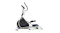 Opposite-side profile of a silver-and-black elliptical trainer with blue foot platforms Opposite-side profile of a silver-and-black elliptical trainer with blue foot platforms