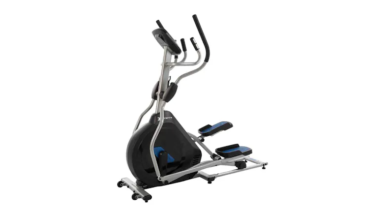 Angled rear view of an elliptical trainer highlighting the flywheel housing, pedals, and handlebars Angled rear view of an elliptical trainer highlighting the flywheel housing, pedals, and handlebars