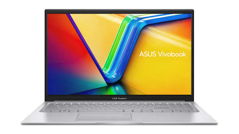 Silver ASUS Vivobook 15.6-inch laptop opened, showing a colourful display with the ASUS Vivobook text Silver ASUS Vivobook 15.6-inch laptop opened, showing a colourful display with the ASUS Vivobook text