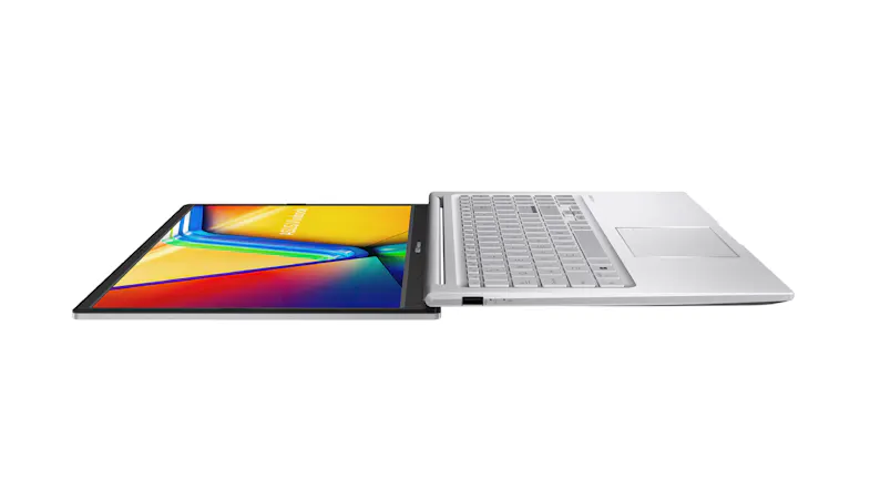 ASUS Vivobook opened flat, showing the keyboard deck and colourful display in a nearly horizontal position ASUS Vivobook opened flat, showing the keyboard deck and colourful display in a nearly horizontal position