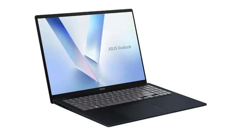 Angled right view of an open ASUS Vivobook, highlighting the display and full‑size keyboard Angled right view of an open ASUS Vivobook, highlighting the display and full‑size keyboard