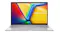 Front view of a silver ASUS Vivobook 17.3" laptop, open and displaying a colourful abstract screen Front view of a silver ASUS Vivobook 17.3" laptop, open and displaying a colourful abstract screen