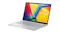 Angled front-right view of a silver ASUS Vivobook laptop with a bright abstract screen Angled front-right view of a silver ASUS Vivobook laptop with a bright abstract screen