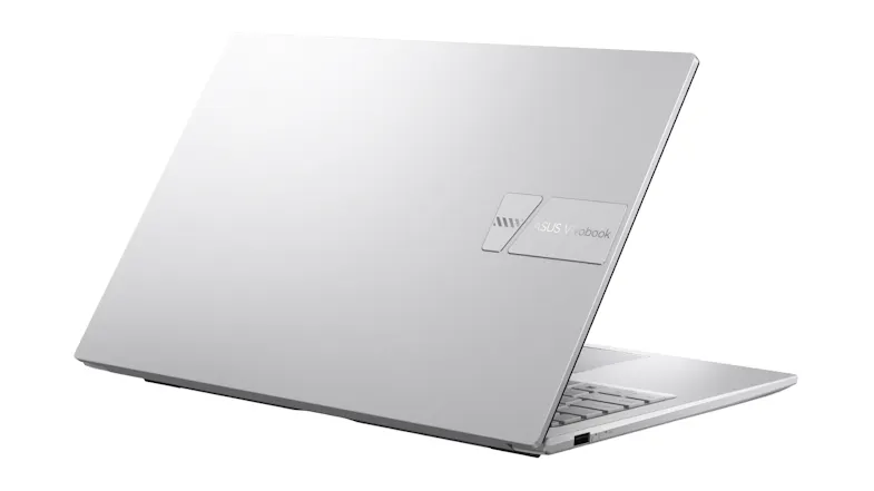Rear angled view of a silver ASUS Vivobook laptop, showing the logo on the lid Rear angled view of a silver ASUS Vivobook laptop, showing the logo on the lid