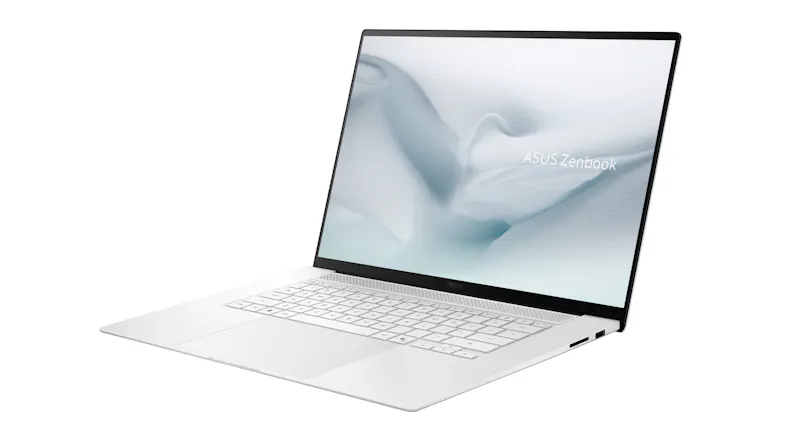 Angled right‑front view of an open silver ASUS Zenbook S 16″ laptop with thin bezels and a minimalist keyboard Angled right‑front view of an open silver ASUS Zenbook S 16″ laptop with thin bezels and a minimalist keyboard