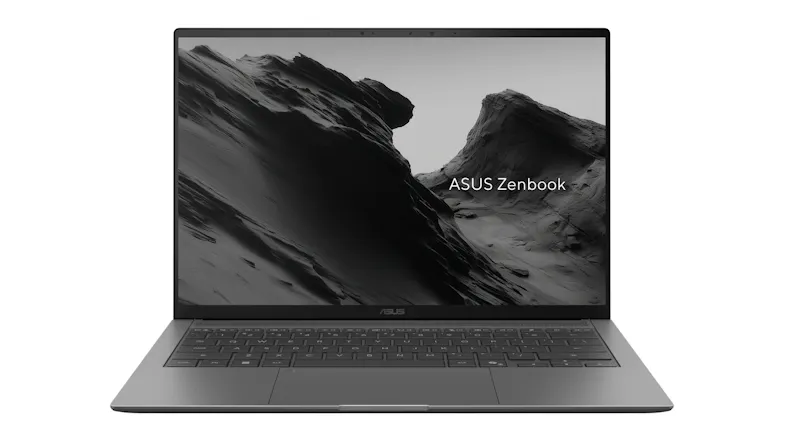 Front view of an ASUS Zenbook S 14-inch 2‑in‑1 laptop, open on a white background, displaying a grayscale mountain image on the screen Front view of an ASUS Zenbook S 14-inch 2‑in‑1 laptop, open on a white background, displaying a grayscale mountain image on the screen