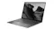 Angled right view of an open ASUS Zenbook with a thin profile and a grayscale screen image Angled right view of an open ASUS Zenbook with a thin profile and a grayscale screen image