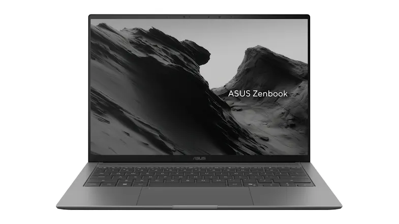 Front view of Asus Zenbook 14" Laptop open, showing a thin-bezel display with a black-and-white rock landscape wallpaper Front view of Asus Zenbook 14" Laptop open, showing a thin-bezel display with a black-and-white rock landscape wallpaper