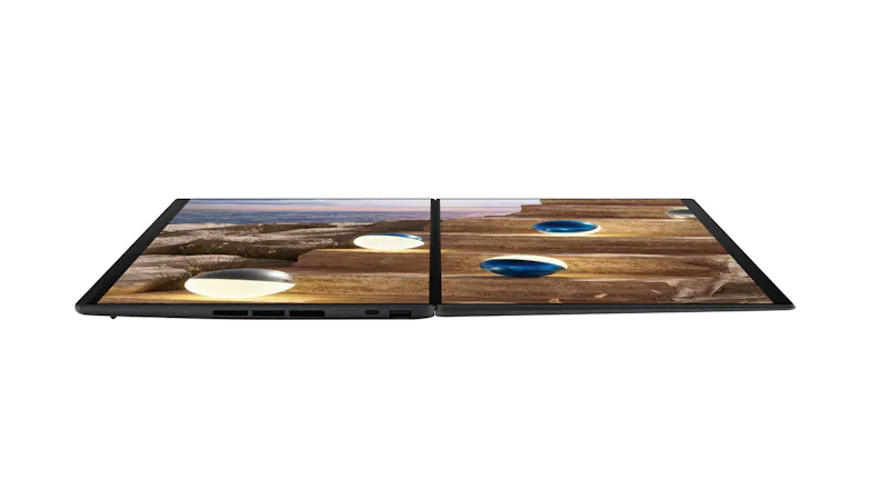 Ultra‑thin foldable screen viewed edge‑on, showing two connected displays lying flat on a surface Ultra‑thin foldable screen viewed edge‑on, showing two connected displays lying flat on a surface