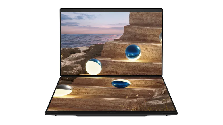 Dual‑screen laptop partially folded, with both screens displaying a coastal stone staircase with glowing spheres Dual‑screen laptop partially folded, with both screens displaying a coastal stone staircase with glowing spheres
