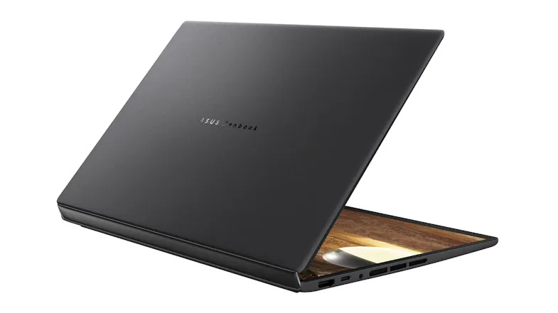 Rear view of a black laptop slightly open, showing the ASUS Zenbook logo on the lid Rear view of a black laptop slightly open, showing the ASUS Zenbook logo on the lid