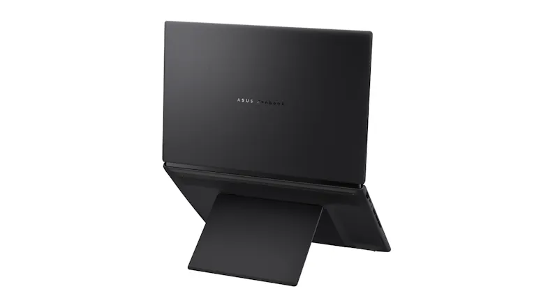 Rear angled view of a dark grey ASUS Zenbook laptop with the screen partially open, highlighting the hinge design Rear angled view of a dark grey ASUS Zenbook laptop with the screen partially open, highlighting the hinge design