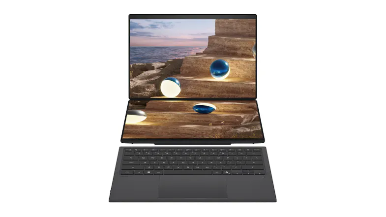 ASUS Zenbook Duo open, showing dual screens with a seaside rock scene and an attached black keyboard below ASUS Zenbook Duo open, showing dual screens with a seaside rock scene and an attached black keyboard below