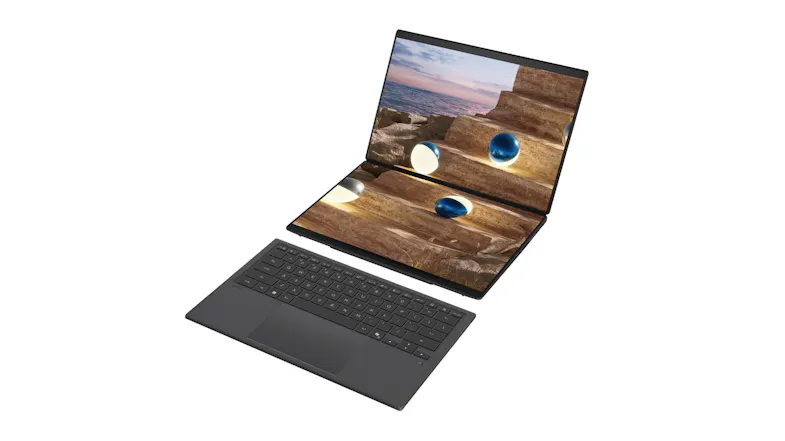 Angled view of the ASUS Zenbook Duo with two screens extended and a detached keyboard placed in front Angled view of the ASUS Zenbook Duo with two screens extended and a detached keyboard placed in front