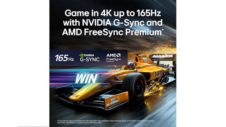 Vivid gaming visuals featuring a Formula 1 at 165Hz Vivid gaming visuals featuring a Formula 1 at 165Hz