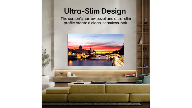 Modern living room highlighting the TV's narrow bezel and slim profile Modern living room highlighting the TV's narrow bezel and slim profile