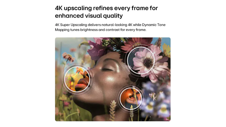 4K upscaling demo showing a close-up face with flowers, highlighting enhanced visual quality 4K upscaling demo showing a close-up face with flowers, highlighting enhanced visual quality