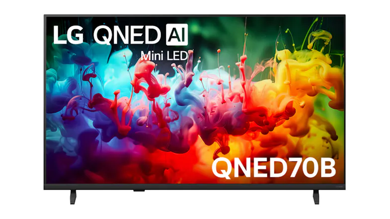 LG 43" QNED70 Smart 4K QNED Mini LED AI TV displaying vibrant, colourful paint splashes, front view with “QNED70B” text LG 43" QNED70 Smart 4K QNED Mini LED AI TV displaying vibrant, colourful paint splashes, front view with “QNED70B” text