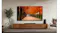 A minimalist living room with a TV displaying a red canyon landscape, along with plants, shelving, and a wooden cabinet A minimalist living room with a TV displaying a red canyon landscape, along with plants, shelving, and a wooden cabinet