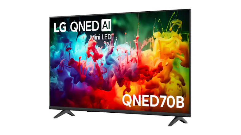 Angled view of the LG QNED AI Mini LED TV with a vivid multicolour display and “QNED70B” branding Angled view of the LG QNED AI Mini LED TV with a vivid multicolour display and “QNED70B” branding