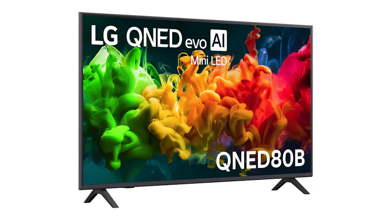 Left perspective view of the Smart TV, highlighting its sleek design Left perspective view of the Smart TV, highlighting its sleek design