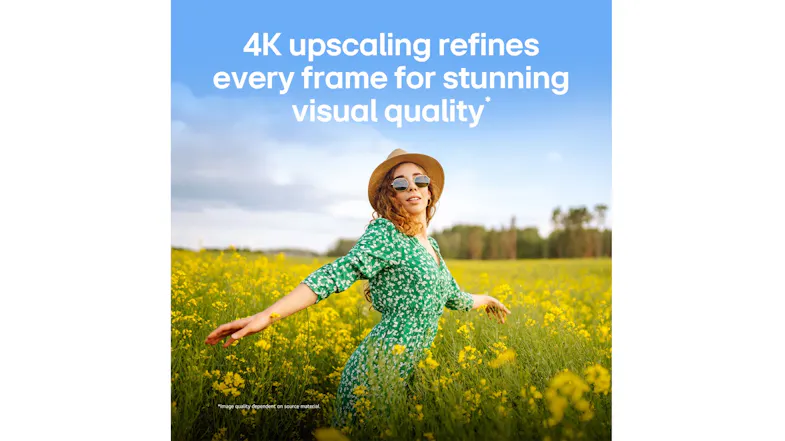 A person in a green dress and hat walking through a yellow flower field under a blue sky, promoting 4K upscaling A person in a green dress and hat walking through a yellow flower field under a blue sky, promoting 4K upscaling