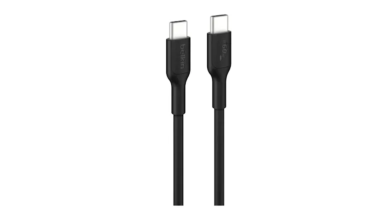 Black Belkin BoostCharge USB‑C to USB‑C cable with Belkin branding, shown in a close-up of the connectors Black Belkin BoostCharge USB‑C to USB‑C cable with Belkin branding, shown in a close-up of the connectors