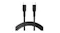 Coiled black USB‑C cable with two connectors displayed upright Coiled black USB‑C cable with two connectors displayed upright