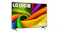 Angled view of the LG UHD AI smart TV NU85 with crisp, colourful fabric visuals and modern minimalist stand design Angled view of the LG UHD AI smart TV NU85 with crisp, colourful fabric visuals and modern minimalist stand design