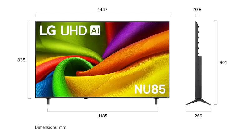 LG NU85 UHD TV with a colourful display and a detailed dimension guide in width, height, and depth measurements LG NU85 UHD TV with a colourful display and a detailed dimension guide in width, height, and depth measurements