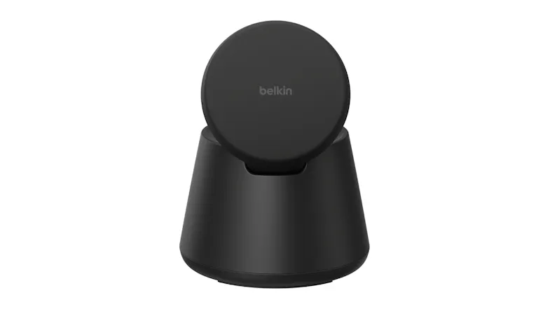 Phone, earbuds, and smartwatch charging on a Belkin 3‑in‑1 wireless dock with a magnetic stand Phone, earbuds, and smartwatch charging on a Belkin 3‑in‑1 wireless dock with a magnetic stand