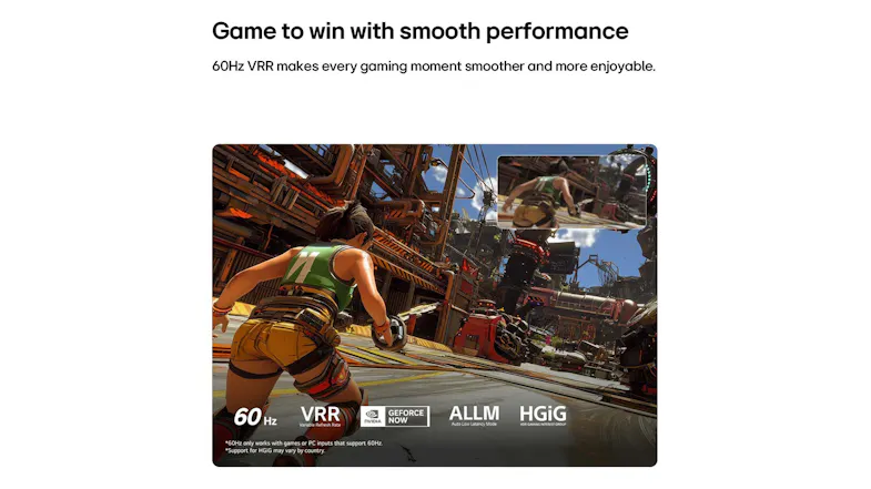 LG gaming TV display highlighting its 60Hz, VRR, GeForce NOW, ALLM, and HGiG support for smooth gameplay LG gaming TV display highlighting its 60Hz, VRR, GeForce NOW, ALLM, and HGiG support for smooth gameplay