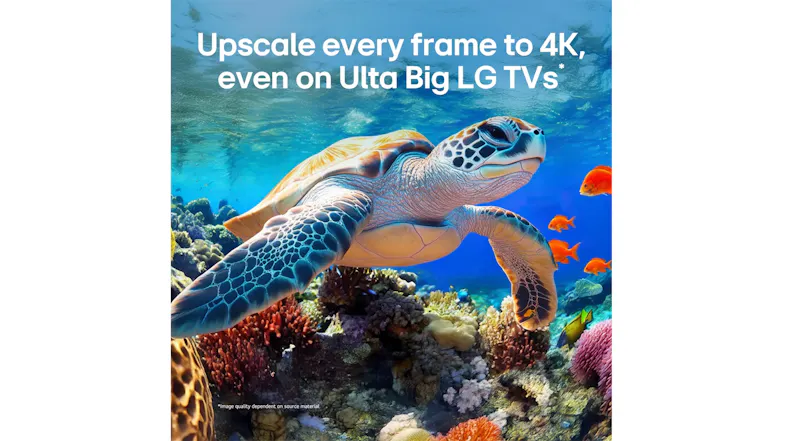 Underwater scene featuring a turtle and fish, with text about upscaling to 4K Underwater scene featuring a turtle and fish, with text about upscaling to 4K